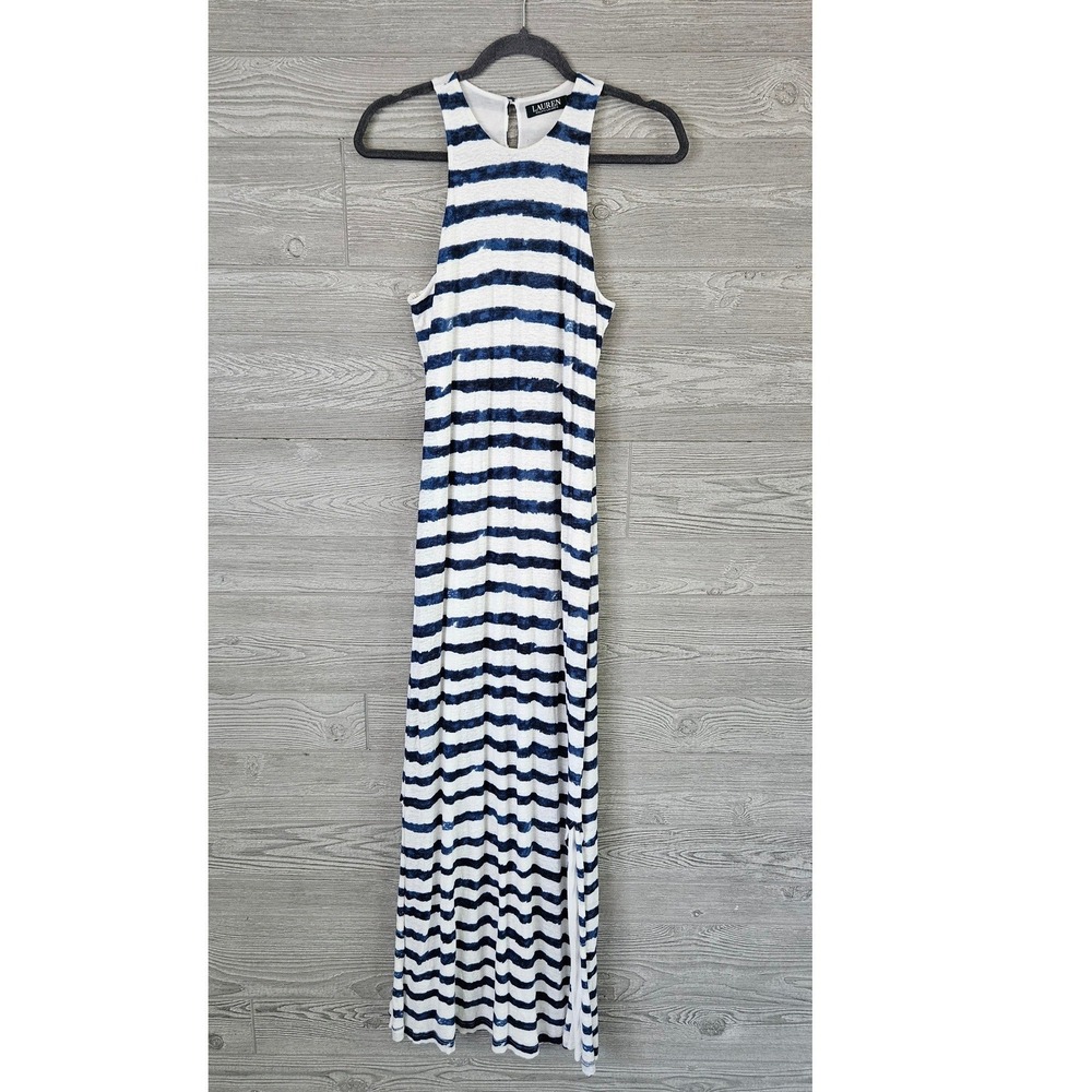 Lauren Ralph Lauren Navy White Striped Linen Maxi Dress Womens Medium Sundress - Picture 10 of 10